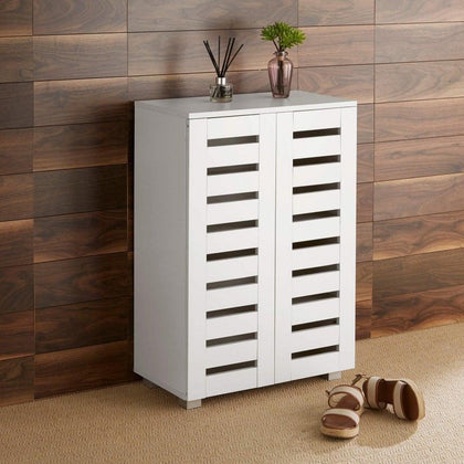 2 Door Shoe Storage Cabinet Rack Stand White Wooden Cupboard Slatted Doors Oslo