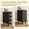 Solid Wood Side Table, 3-Drawer Rattan w/ Exquisite Embossed Handles Living Room