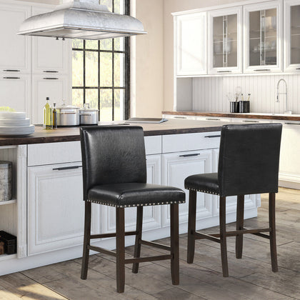 2Pcs Upholstered Bar Stools PVC Leather Armless Counter Height Chair Set Black