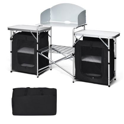 2-Tier Folding Camping Table Portable Kitchen Cook Station Aluminum Grill Table
