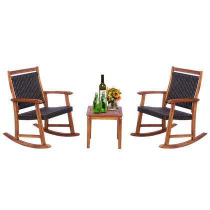 3 Pcs Outdoor Patio Rocking Chair Acacia Wood Rocker Side Table Set Brown