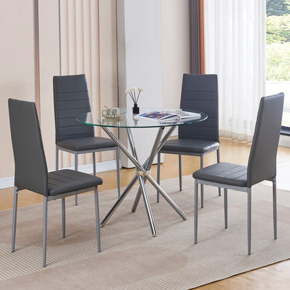 4x Grey Faux Leather Dining Chairs&Round Tempered Glass Silver Legs Dining Table