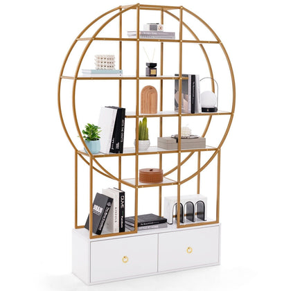 6-Tier Gold Bookshelf 180cm Tall Metal Bookcase with Staggered Shelves