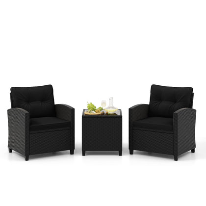3 Piece Rattan Conversation Set Patio Furniture Set w/ Soft Seat Black