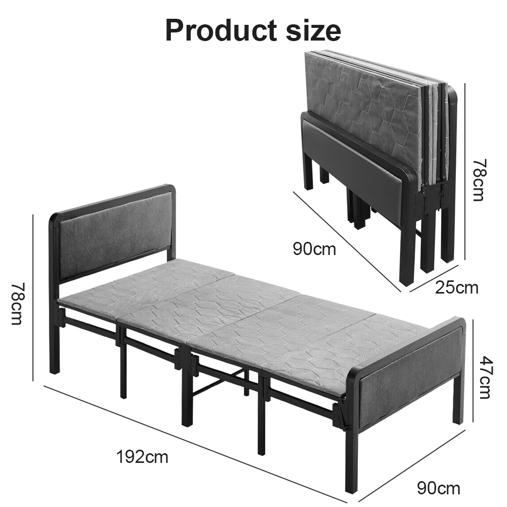 4-Fold Single Guest Bed Padded Small Space Folding Bed Frame Headboard&Footboard