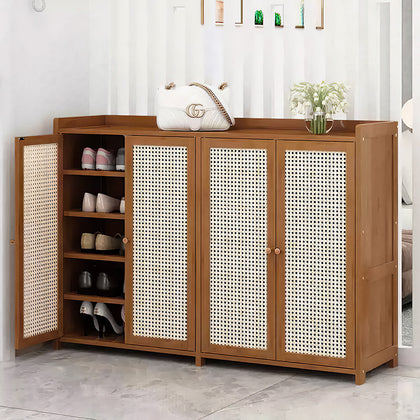4 Door Bamboo Wood Shoes Storage Cabinet Cupboard Rattan Door Hallway Organizer