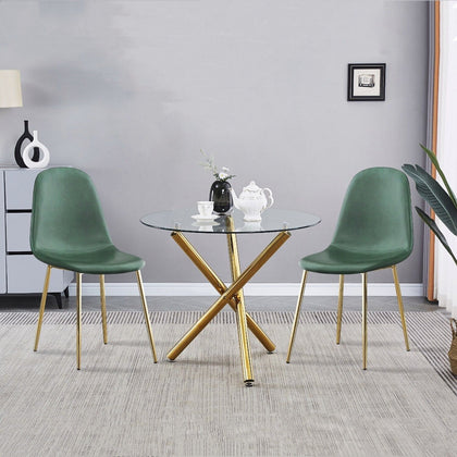 2x Green PU Leather Dining Chairs Golden Legs&Round Clear Glass Dining Table Set