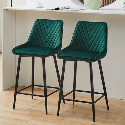 2x Green Velvet Bar Stool Kitchen Counter Breakfast Chair Pub Restaurant Cafe