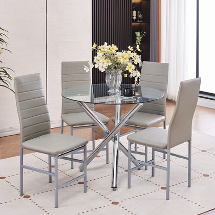 4x Grey Faux Leather Dining Chairs Round Tempered Glass Silver Leg Dining Table