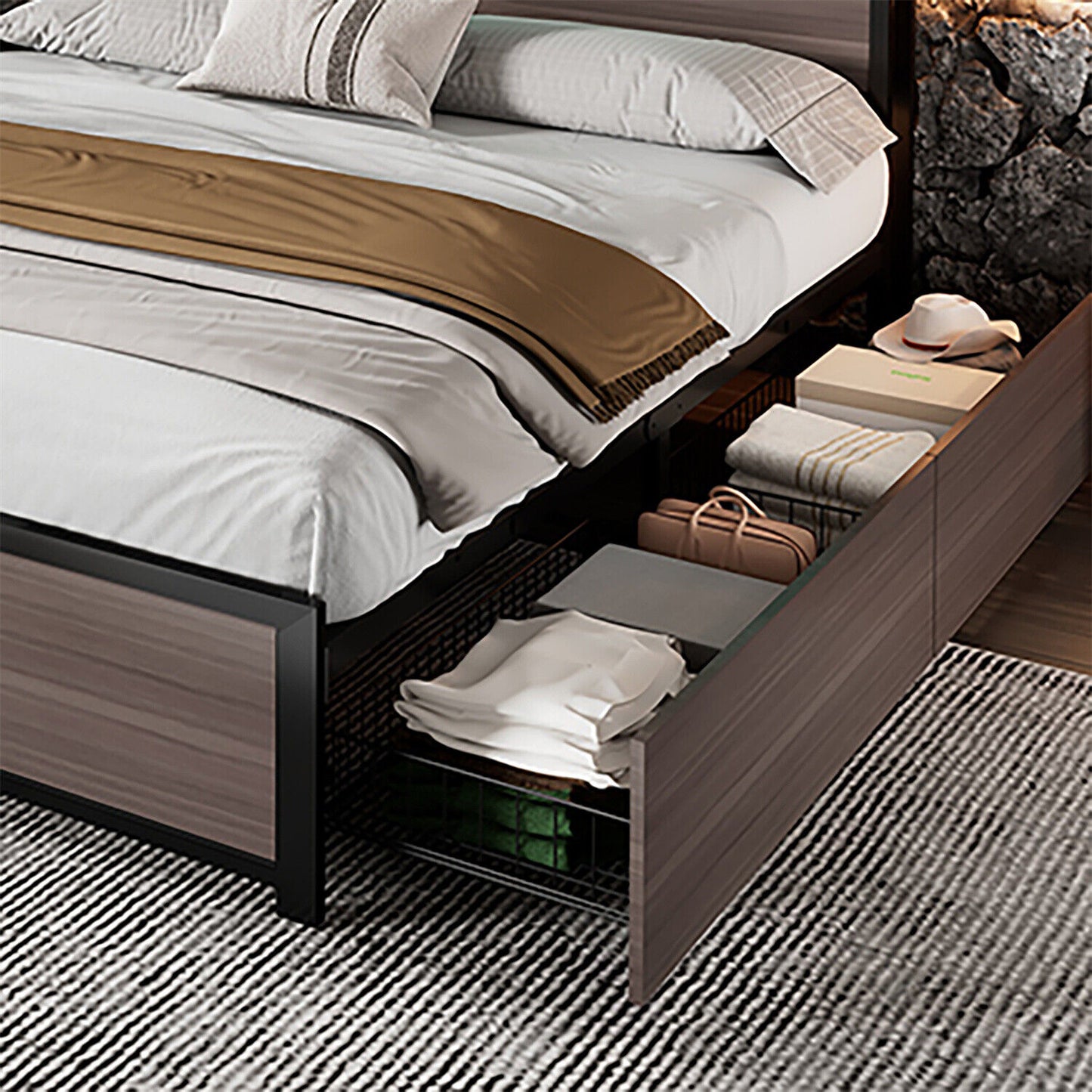 Double Bed Frame with LED Lights, 4 Drawers, Charging Station Metal Platform Bed