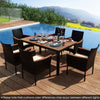 7 PCS PE Rattan Outdoor Patio Dining Set 6 Stackable Chairs Acacia Wood Table