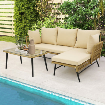 3Pcs Outdoor Garden Wicker Furniture Set L-Shaped Metal Frame Sofa Table Set
