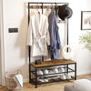 Large Rustic Coat Rack Stand Hall Tree with 12 Hooks and Shoe Bench Metal Frame