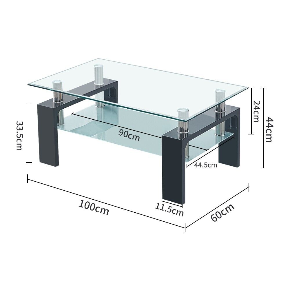 Modern Black Glass Coffee Table MDF Shelf Storage Living Room Rectangular