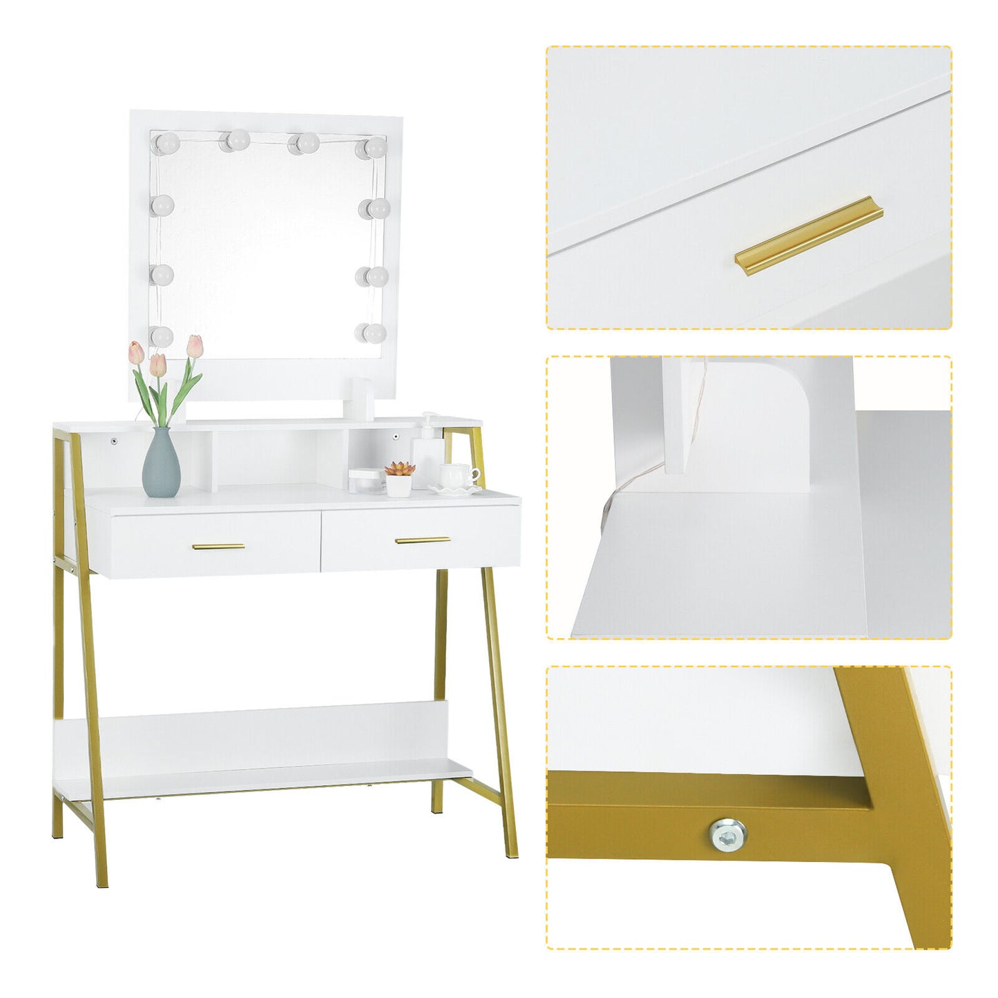 Dressing Table Makeup Vanity Desk w/ LED Light Mirror Drawers Bedroom Furniture