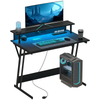 Gaming Desk with LED Lights and Power Outlets, Z Shaped Computer Desk, Black