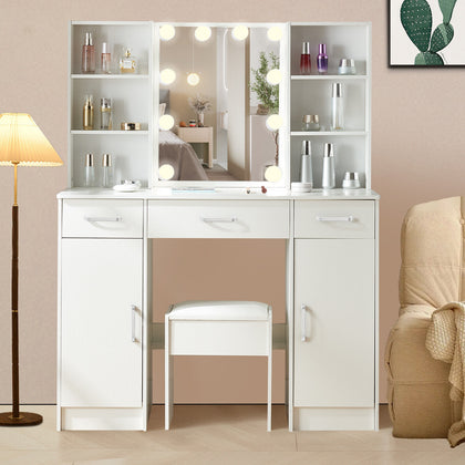 Large Dressing Table Vanity Table With Stool and Lighted Mirror Makeup Desk Set