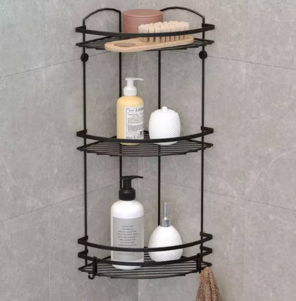 3Tiers Black Bathroom Corner Shelf Rack Shower organizer caddy with 2hooks