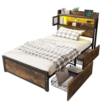 3FT SINGLE METAL BED FRAME W/ LED, CHARGING STATION, STORAGE HEADBOARD & DRAWERS
