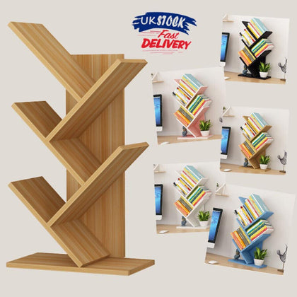 5 Shelf Tree Free Standing Bookshelf Wood Shape Desk White Bookcase Display Rack