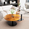 Set of 2 Nesting Coffee Table Round Glass Splicing Wood Grain Tabletop End Table