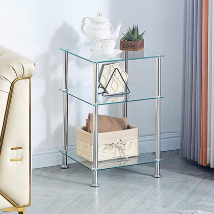 3 Tiers Square Clear Tempered Glass Sofa Side End Table Bedside Table w/ Shelves