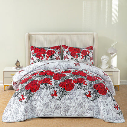 3 Piece Florals Bedspread Quilte Set Throw Rugs Bedding Pillowcases Double Size
