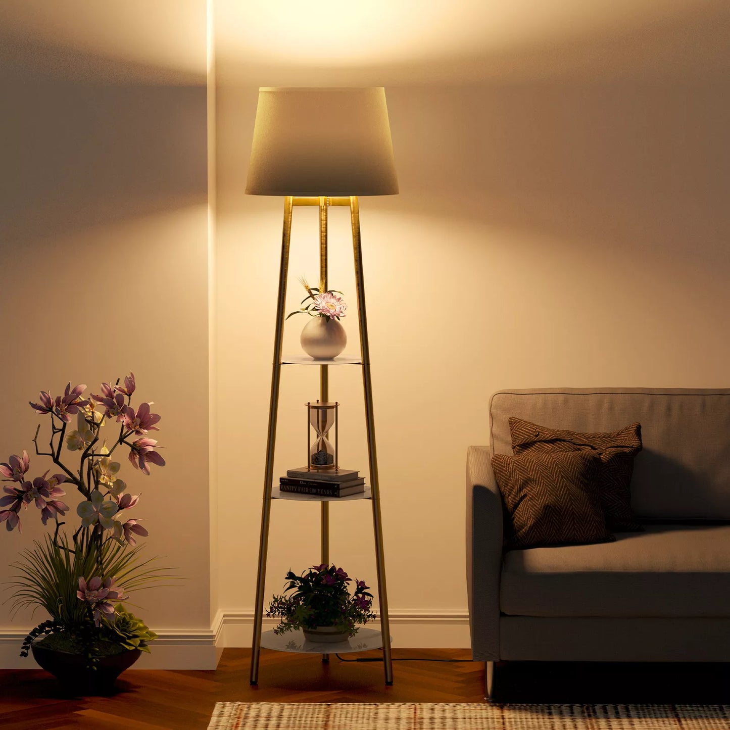 3-Tier Shelf Floor Lamp w/Shade Standing Light Open Shelves Storage Living Room