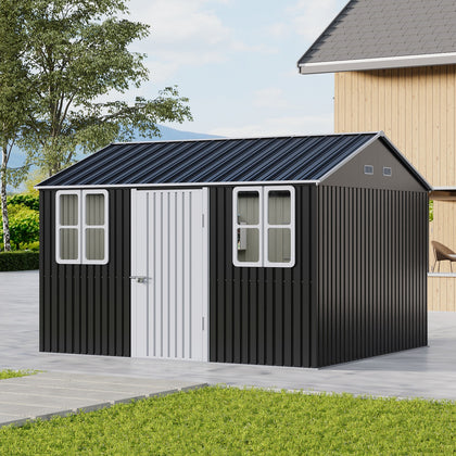 12 x 10FT Galvanised Garden Tool Storage Shed with Lockable Door, Double Windows