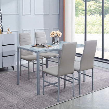 4x Grey Faux Leather Dining Chairs Footrest Legs&Grey Marble Glass Dining Table