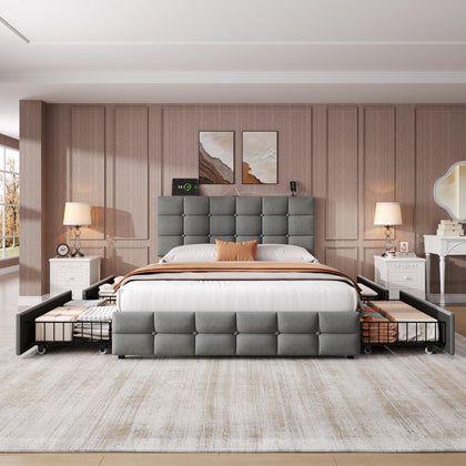 4ft6 Double Bed Upholstered Bed with 4 Storage Drawers, Tufted Headboard Grey