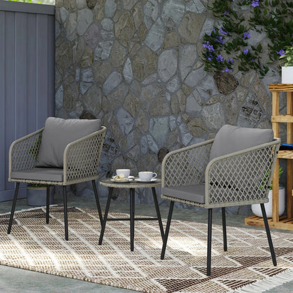 3 Piece Rattan Bistro Set with Cushions Grey