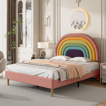 4FT6 Double Upholstered Bed with Slatted Bed Frame and Rainbow Headboard Pink