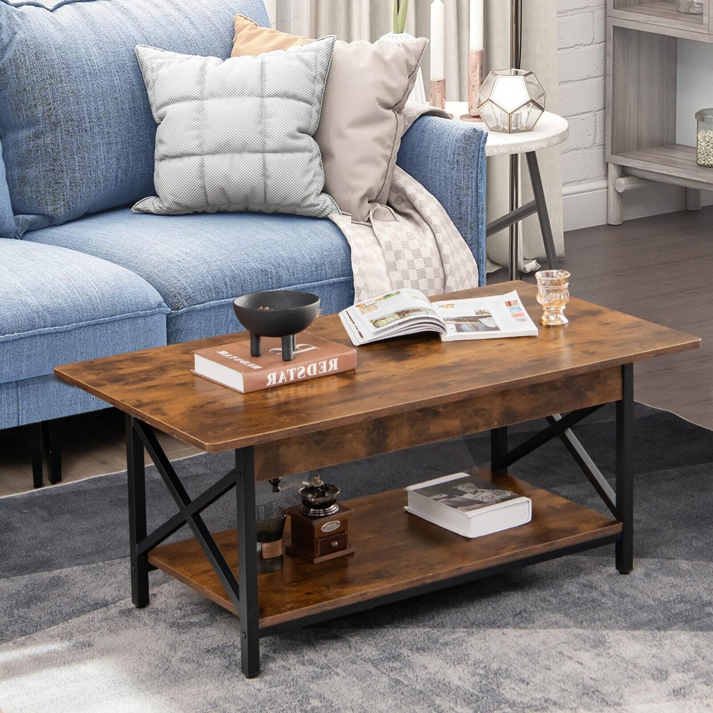2-Tier Industrial Coffee Table Home Cocktail Tea Side Table with Storage Shelf