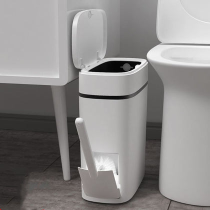 2in1 Press Top Narrow Plastic Trash Can Set with Toilet Brush Bathroom Waste Bin