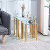 Nest of 3 Clear Tempered Glass Side End Nested Table Golden Stainless Steel Tube