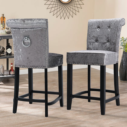 2x Velvet Bar Stools Chairs with Ring Knocker Backrest Kitchen Stools Breakfast