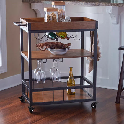 Industrial Kitchen Island Cart 3-Tier Rolling Bar Serving Trolley With Wine Rack
