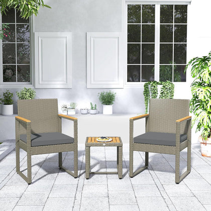 3 Piece Garden Bistro Set – Rattan Chairs & Acacia Wood Table Outdoor Furniture