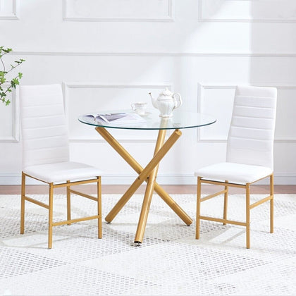 2x White Faux Leather Dining Chairs&Round Clear Glass Dining Table Golden Legs