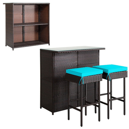 3 Piece Outdoor PE Rattan Bar Set Bar Table 2 Bar Stools Bistro Set with Cushion