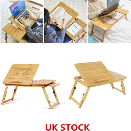 Bamboo Laptop Desk Stand Foldable Leg W/Drawer Notebook Sofa Bed Table Tray UK