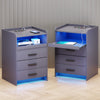 Bedside Table with Charging Station & Led Lights, Bedside Cabinet with 3 Drawers