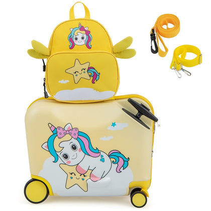 2PC Kids Luggage Set 18”Ride-on&Carry-on Hardshell Suitcase 12”Backpack Yellow