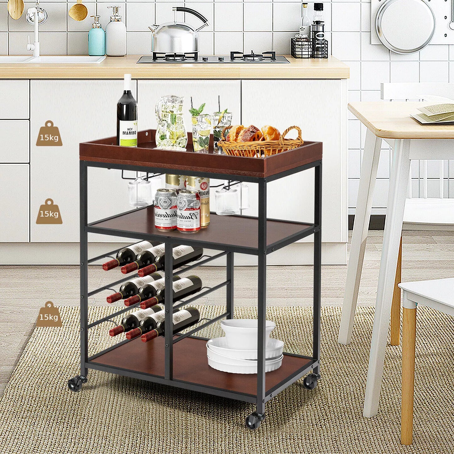 Industrial Kitchen Island Cart 3-Tier Rolling Bar Serving Trolley With Wine Rack