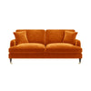 Orange Velvet Sofa 3 Seater Foam Filled with Saddle Arms Dark Wood Gold Legs