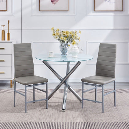2x Grey Faux Leather Dining Chairs & Round Marble Glass Dining Table Silver Legs