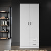 2 Door 2 Drawer White Wardrobe with Hanging Rail Wooden Clothes Storage Cupboard