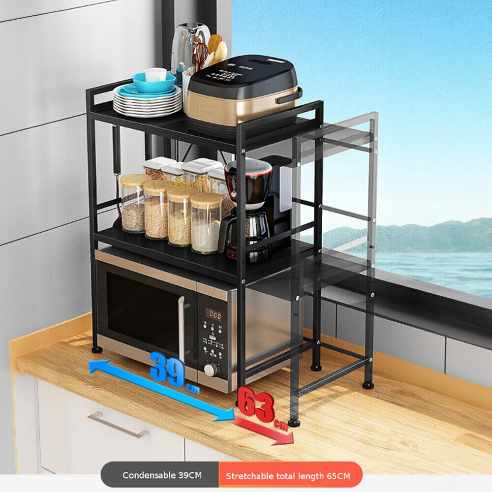 2/3Tier Extendable Microwave Oven Rack Stand Storage Holder Kitchen Corner Shelf