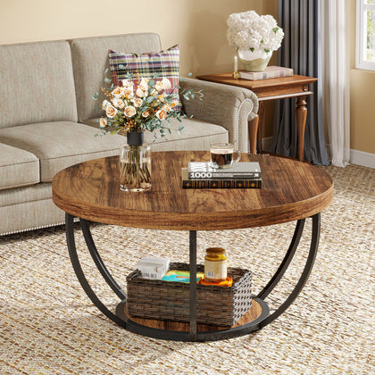 2-Tier Round Coffee Table with Storage Shelves, Industrial Wooden Center Table